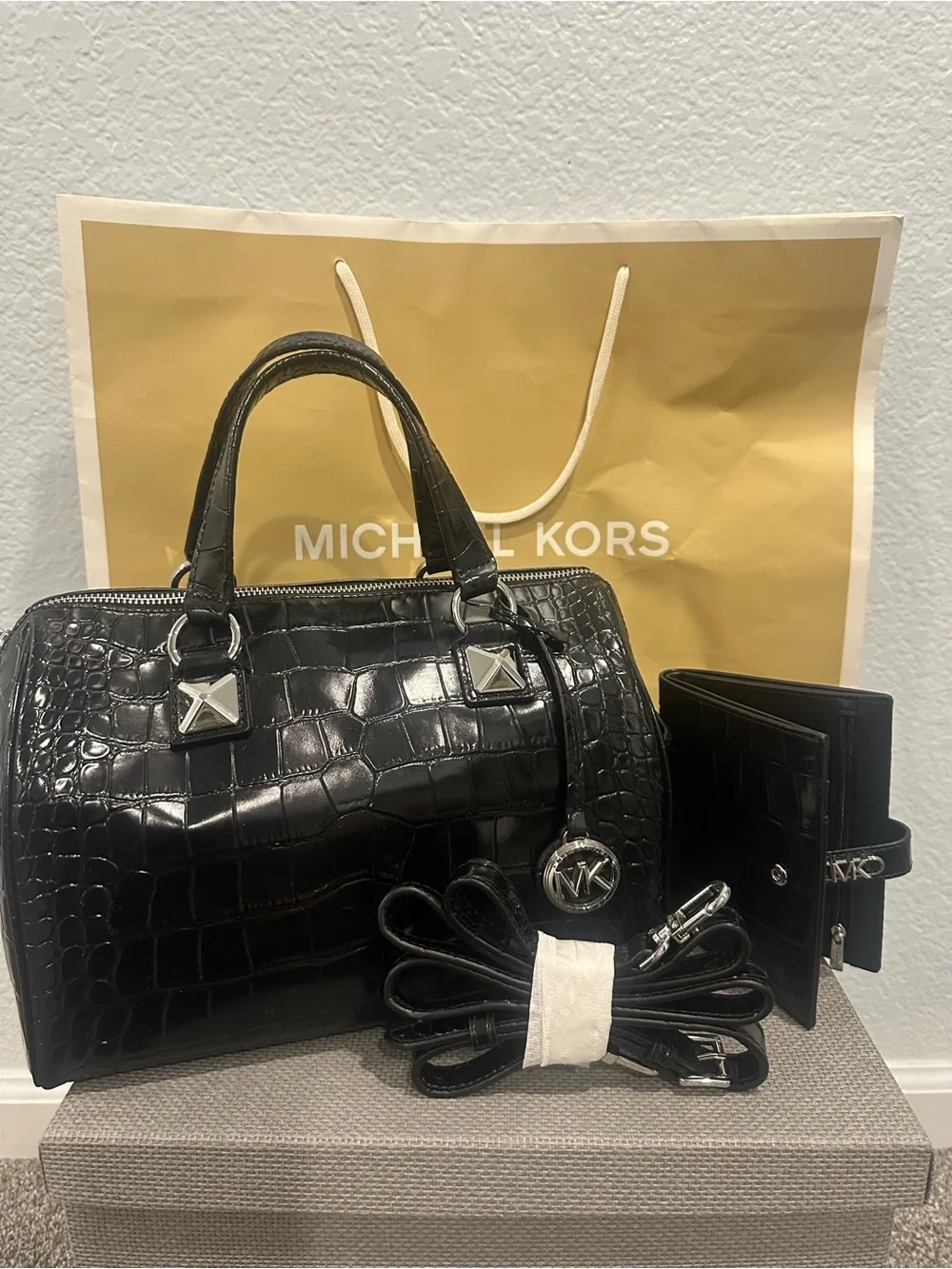 Michael Kors Black Duffel Satchel with Embossed Leather Tag